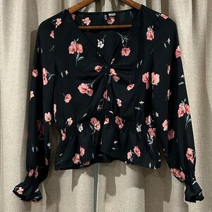 H&M Black Blouse with Pink Floral Design